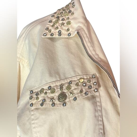 Vtg Yellow Star Celestial Studded Zip Front Relaxed Boho Bomber Jacket Womens S - Picture 4 of 7
